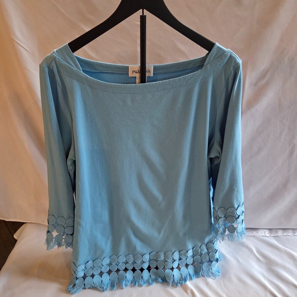 Peck & Peck Sky Blue Bateau Neck Top w/ Circle Lace Trim | Size L